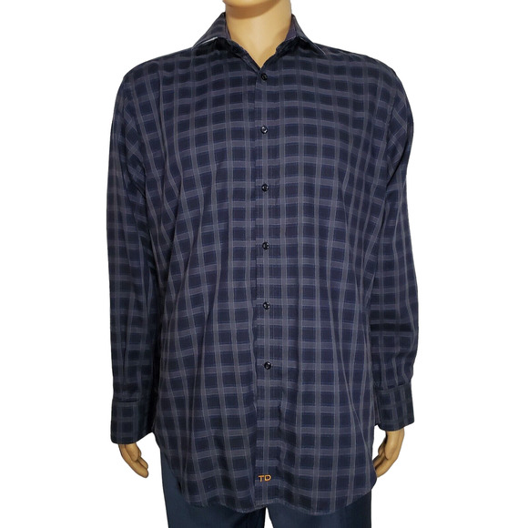Men’s Thomas Dean Gray And Blue Plaid Button Down Shirt Size Large Flip Cuff - Picture 1 of 5
